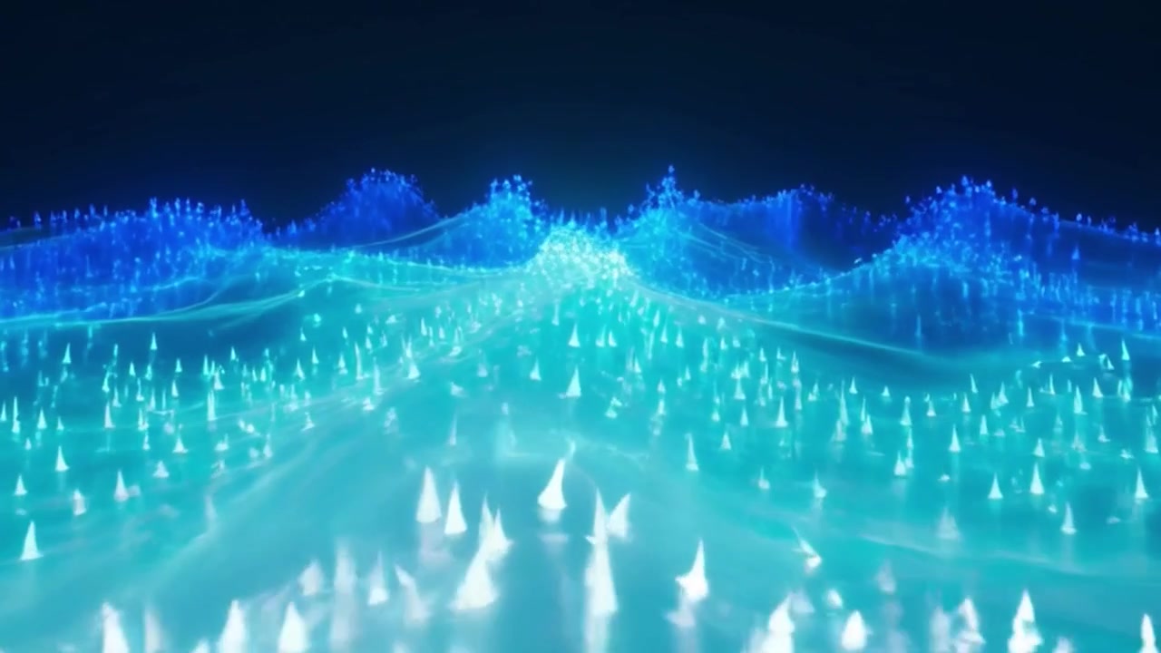 Abstract Digital Landscape with Glowing Blue Cones and Fluid Waves