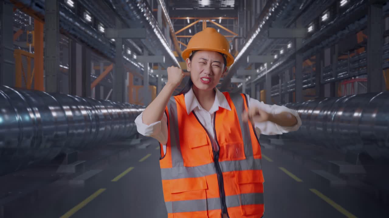 Asian Female Engineer With Safety Helmet Screaming Goal And Dancing Celebrating With Metal Pipes