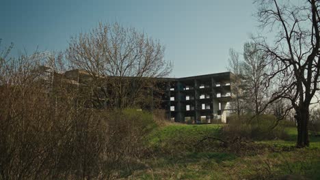 Abandoned-building-amidst-spring-growth,-Zagreb,-Croatia