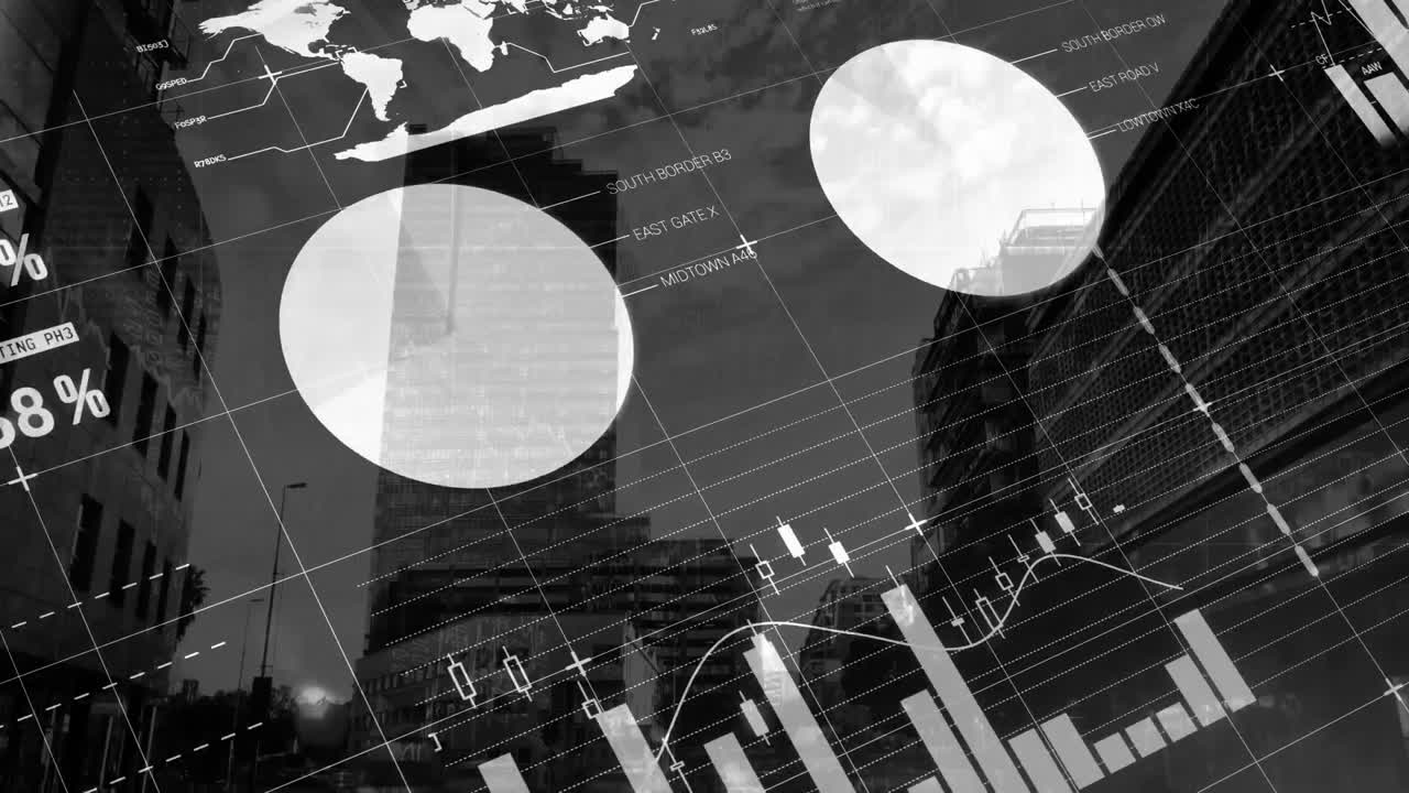 도시 풍경 위의 금융 데이터 처리 애니메이션