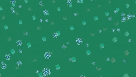 Animation-of-snowflakes-falling-over-3d-structures-in-seamless-pattern-against-green-background