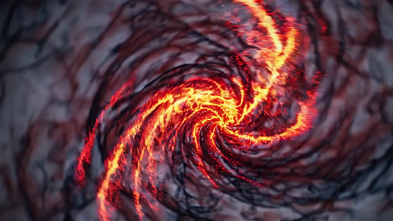 Dynamic top-down video of swirling red and black abstract vortex, evoking energy and motion