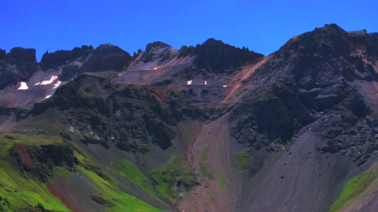Mount Sneffels 14er Wilderness Ridgway Telluride Colorado sunny morning summer Blue Lakes hiking trail aerial drone San Juan Rocky Mountains Uncompahgre National Forest blue sky circle right motion