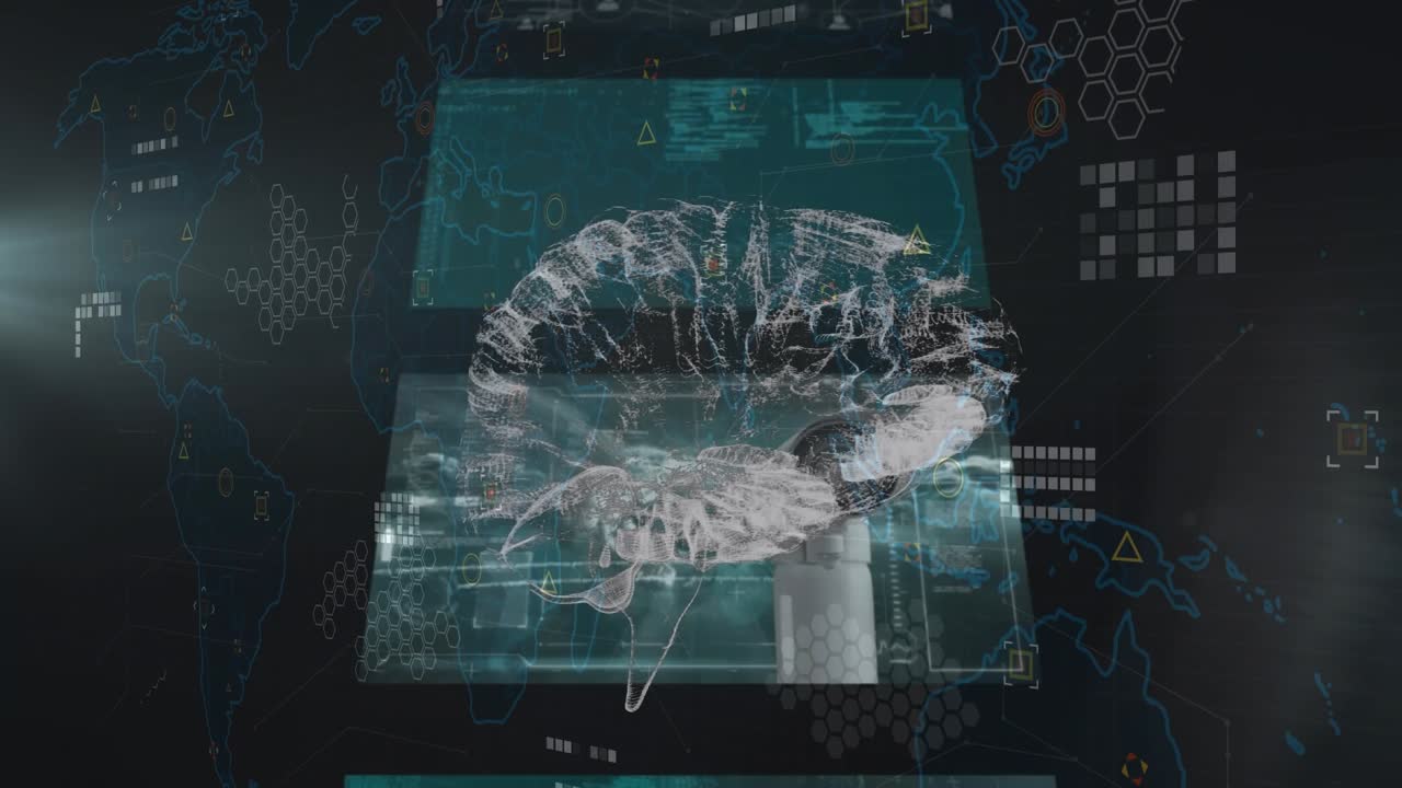 Animation of brain over data on digital screens on black background