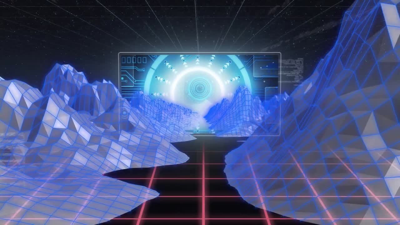 Animation of screen with diverse data over moving mountains in black space