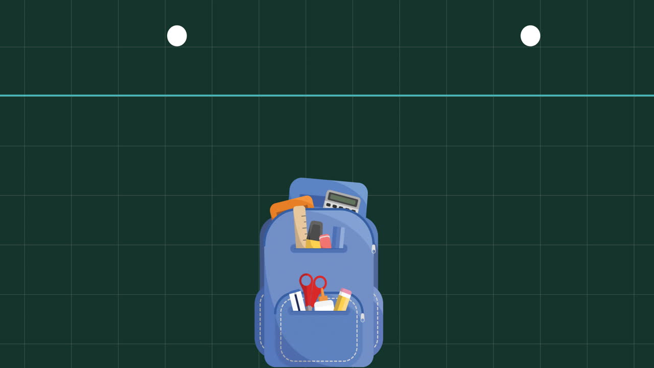 Animation of school bag and items on green background