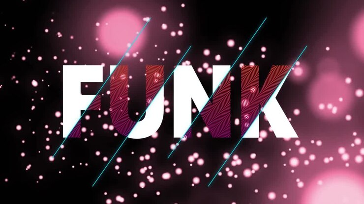 Animazione di funk in testo bianco e rosso su luci rosa e particelle luminose su sfondo nero.