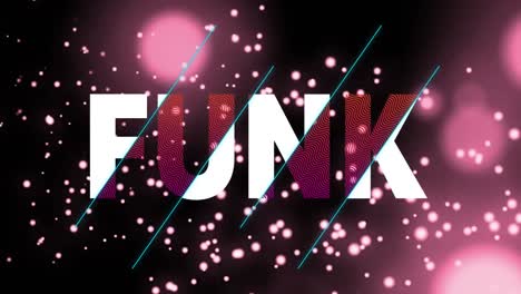 animación de funk en texto blanco y rojo sobre luces rosadas brillantes y partículas sobre fondo negro