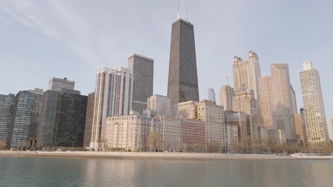 the chicago skyline at sunrise.