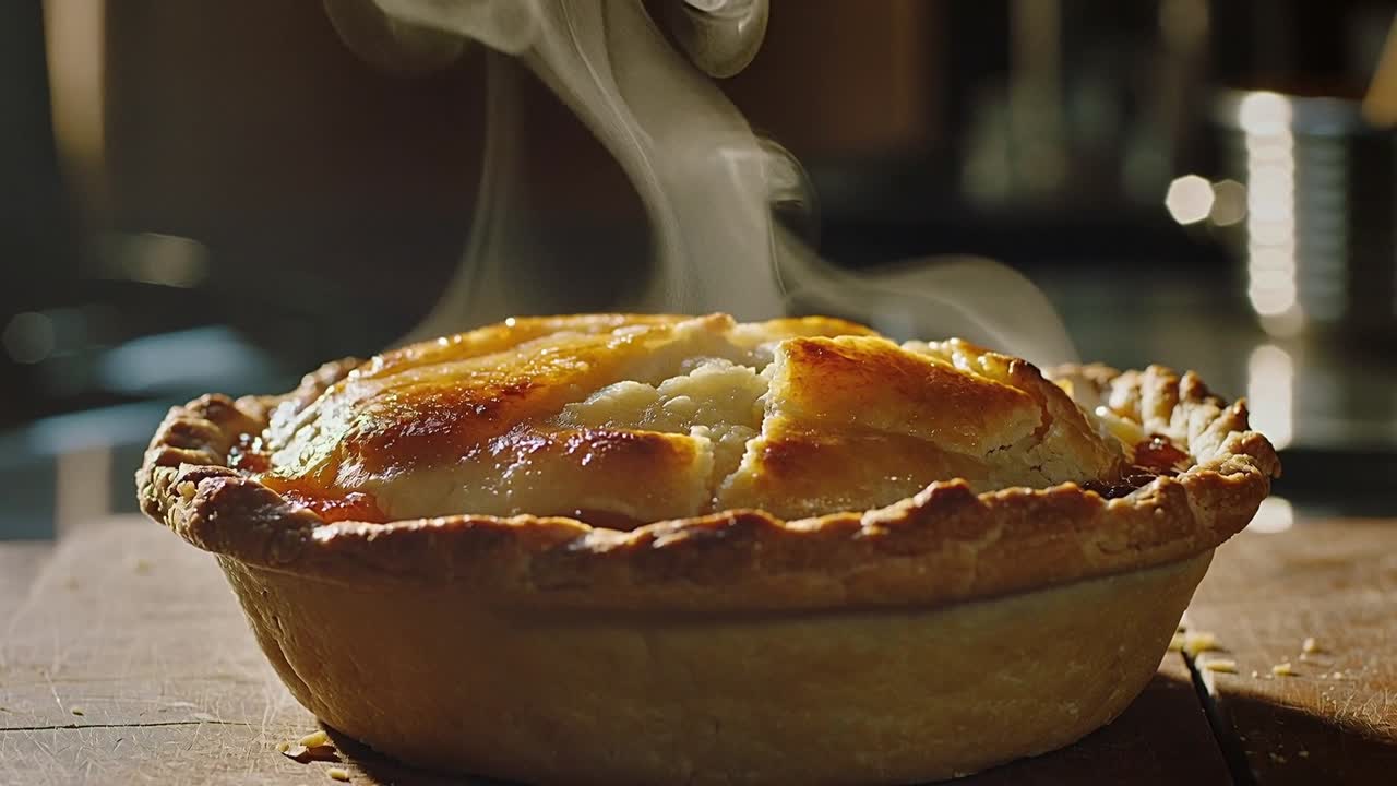 Capturing pie steaming on wooden cutting board in kitchen, panning to vented crust oozing filling