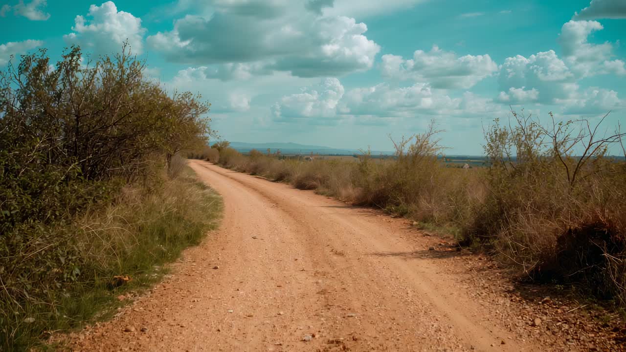 Curving sunlit gravel road winding through open scrub with tire ruts, after slight forward motion