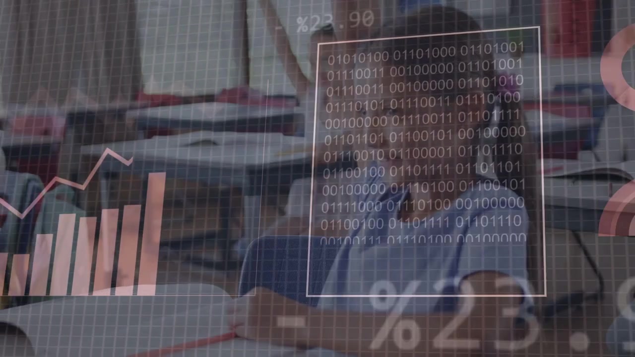 Girl sitting at desk raising hand after teacher prompt, education charts and binary overlay growing