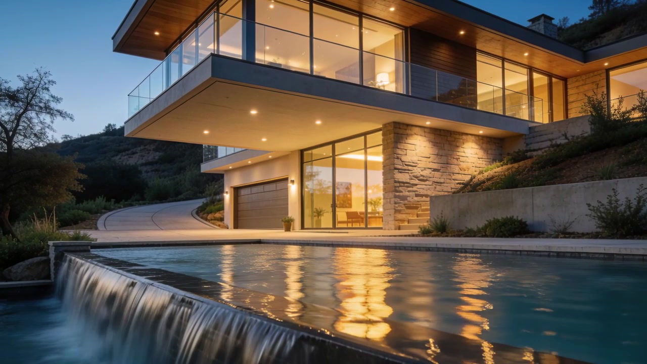 Showing glass front hillside home with warm interiors and infinity pool spilling, dusk deepening