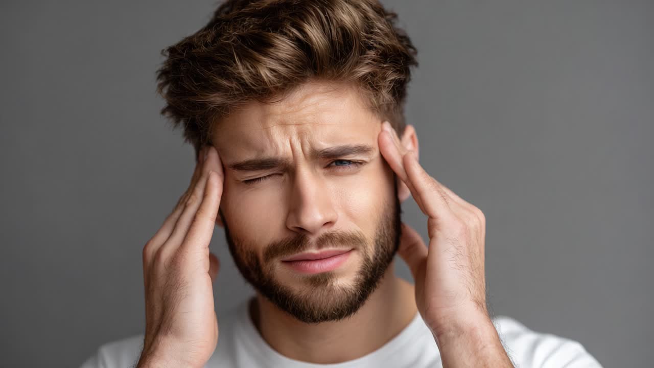 A Young Man Struggling with a Headache: Capturing the Emotional Impact of Discomfort in a Close-Up Expression of Pain and Frustration