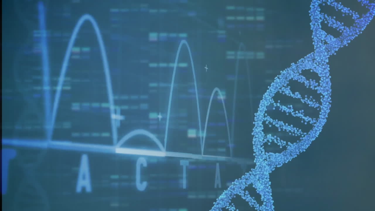 Animation of dna strand and data processing on dark background