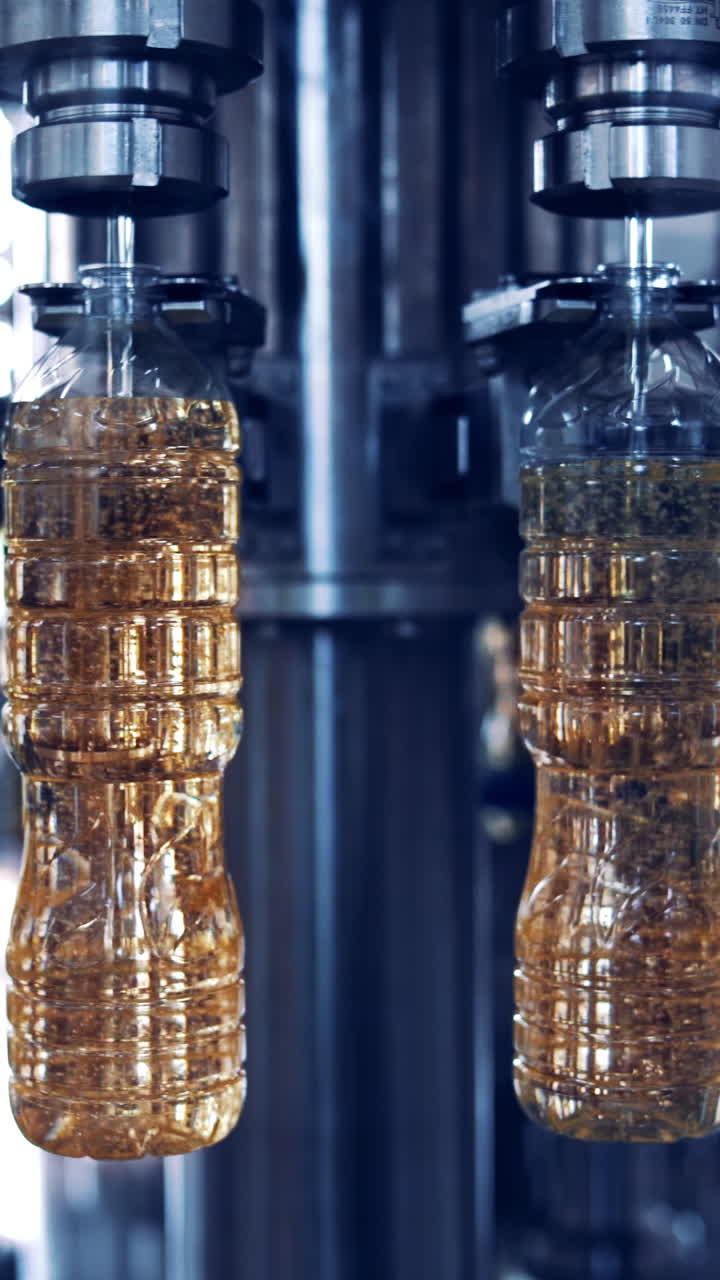 Olive oil pouring into plastic bottles. Process of sunflower oil production in the factory. Cooking oil in bottles moving on a circle conveyor. Vertical video
