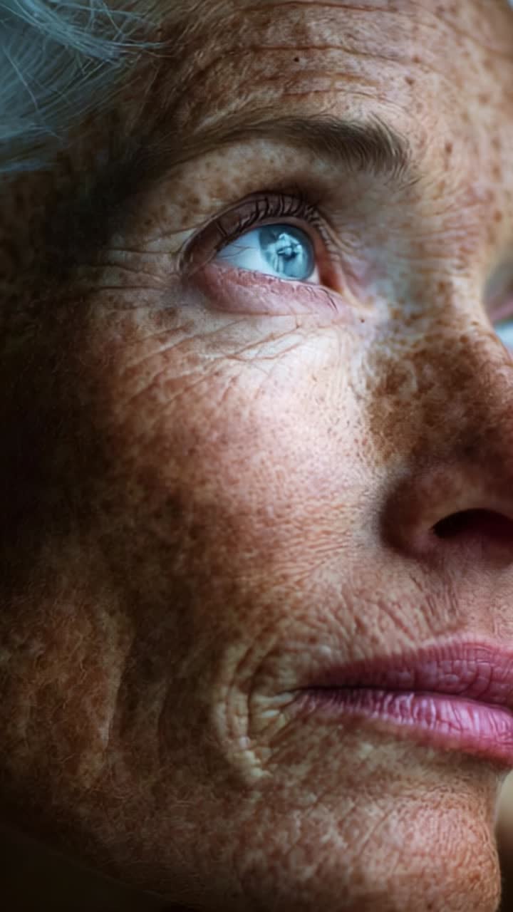Close-up Portrait of an Elderly Woman Showcasing Wisdom and Life Experience Through Detailed Skin Texture and Intense Expression in a Captivating Light Setting