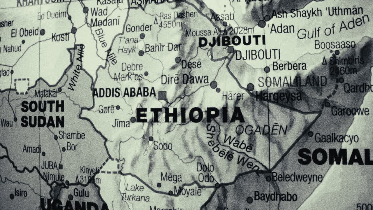 Close-up view of a black and white map of East Africa, featuring Ethiopia and surrounding countries