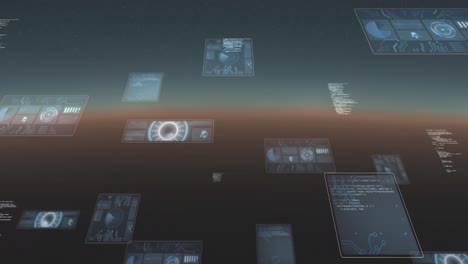 animación de pantallas que caen con procesamiento de datos sobre un fondo oscuro