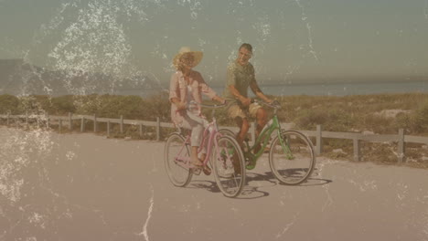 riding bicycles along coastal path, two people in vintage-style animation scene