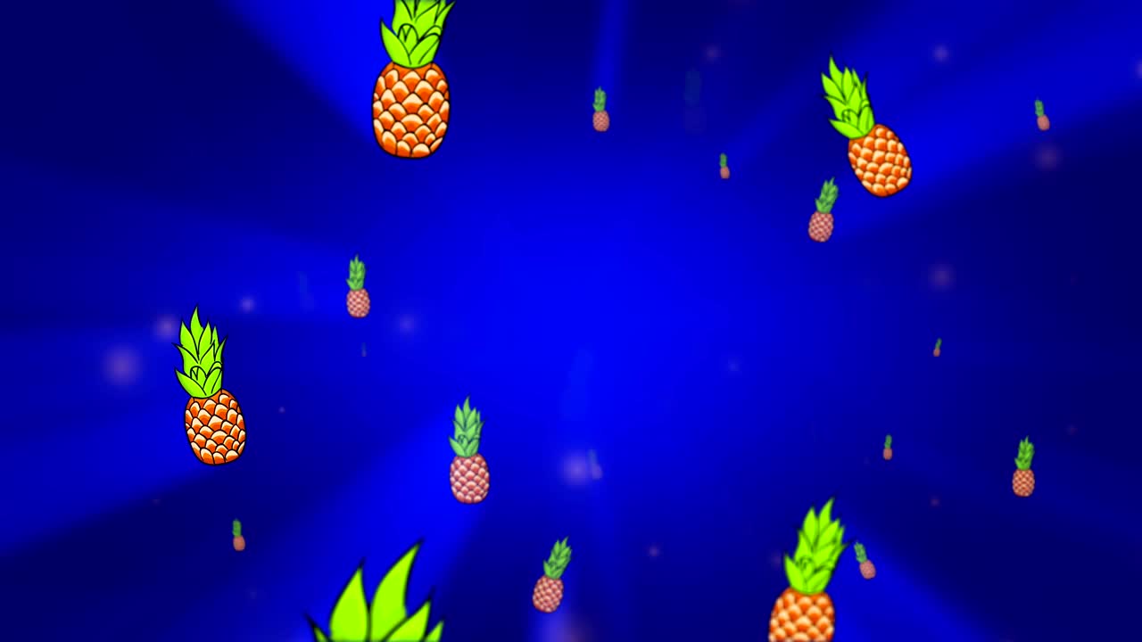 la piña se mueve suavemente desde el brillo brillante girando sobre el fondo azul. animación de bucle 3d.