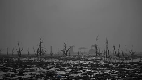 industrial landscape with smokestacks and dead trees in polluted lake, symbolizing environmental damage and ecological disaster caused by pollution