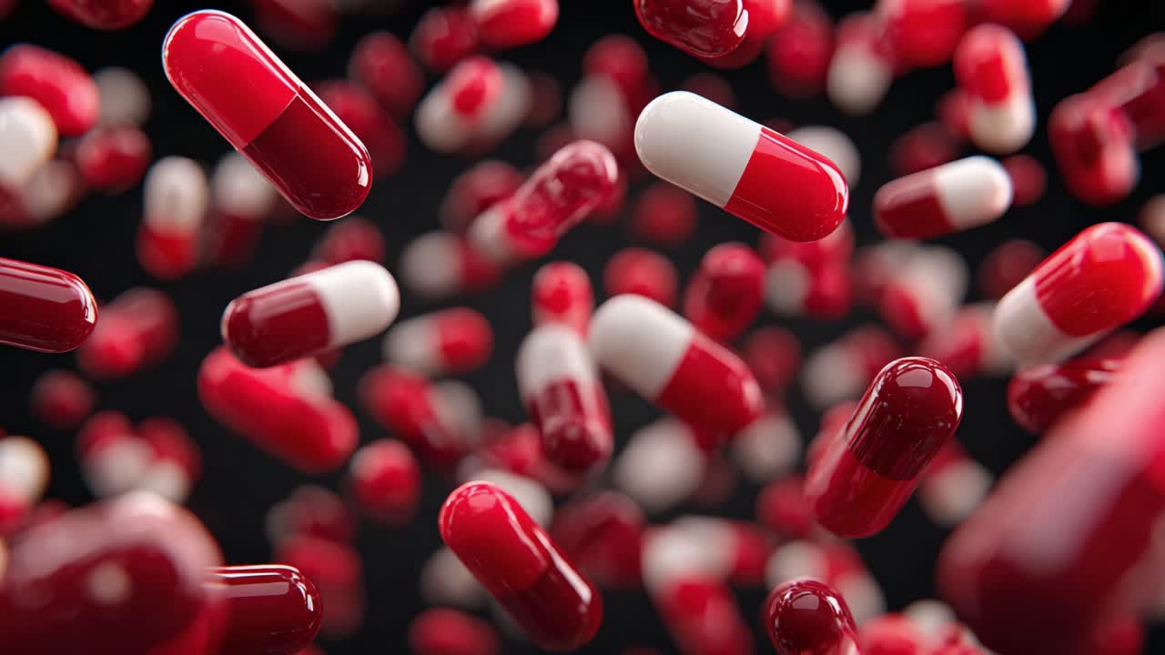 A Captivating Visual Journey Through Cascading Red and White Capsules, Illustrating the Intricate Details of Pharmaceutical Design and Production