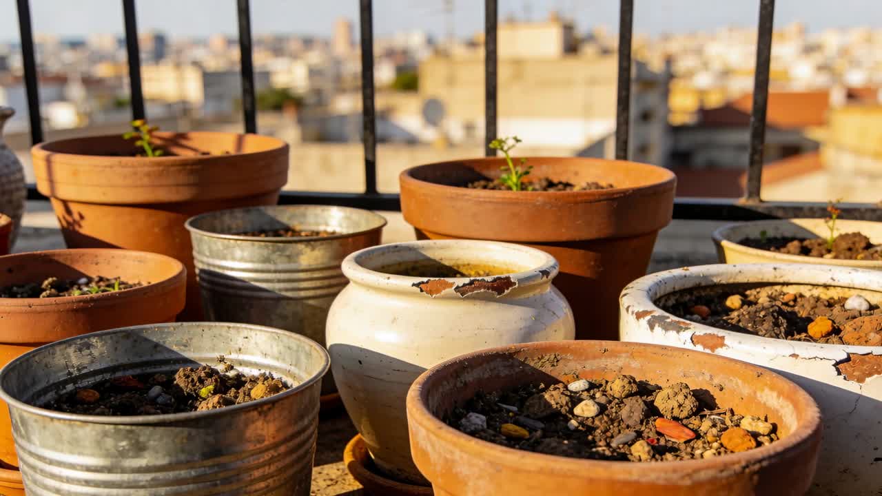Telecamera che mette a fuoco un gruppo di vasi in terracotta, metallo e ceramica scheggiata su un balcone, mostrando delle piantine.
