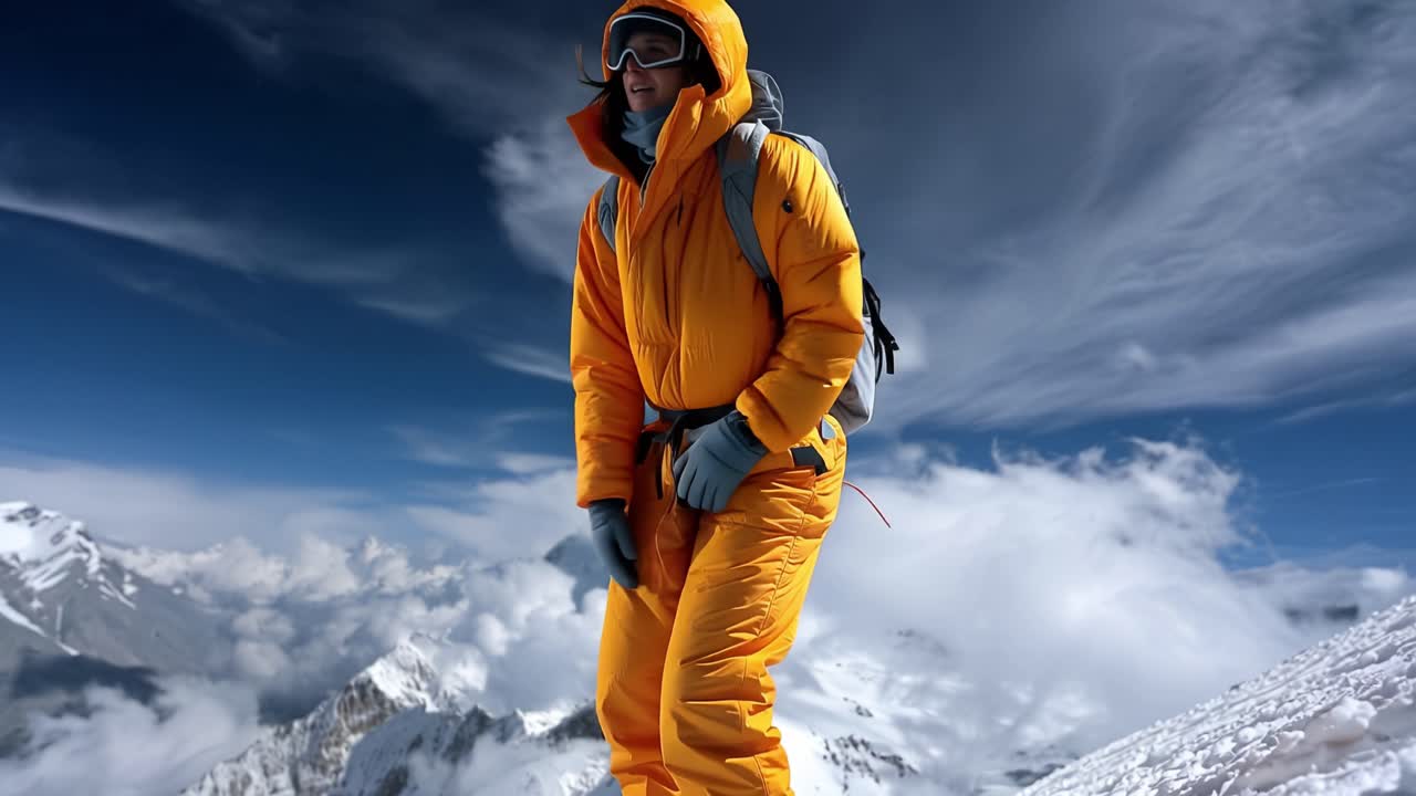 Mountaineer rests atop snowy peak, gazing at sky. Bright orange suit contrasts with blue clouds and white ice. Backpack and goggles show preparedness for harsh conditions. Person appears calm, focused