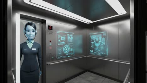 a futuristic elevator featuring a virtual assistant and interactive holographic displays for enhanced user experience and navigation