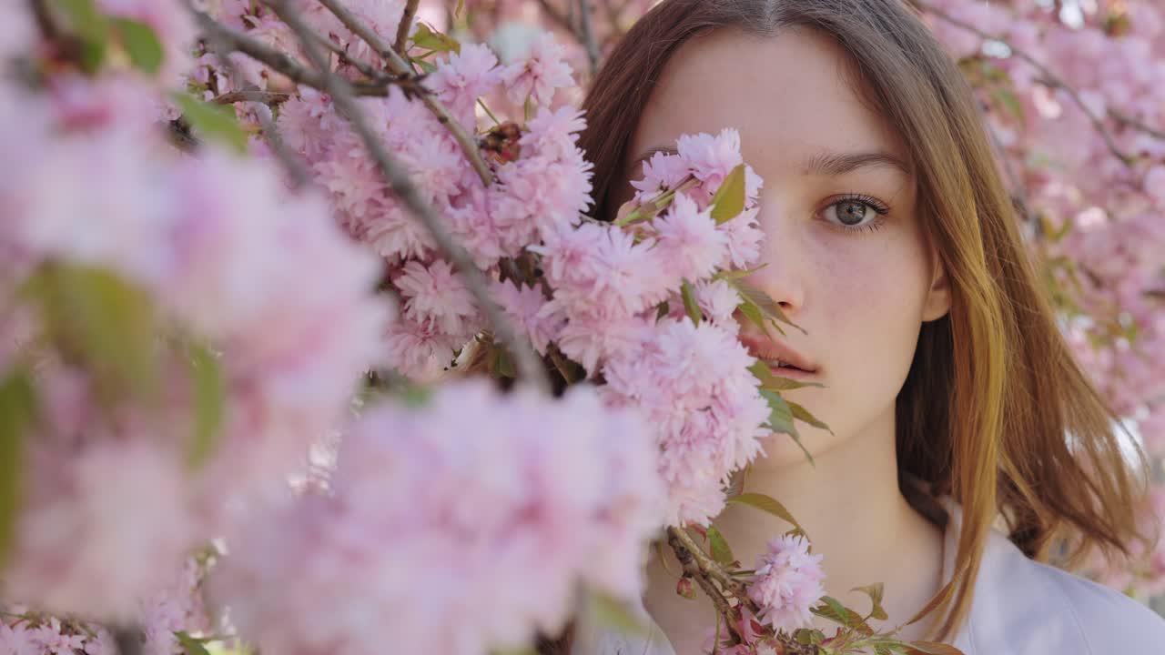 체리 꽃 나무 에 있는 여자