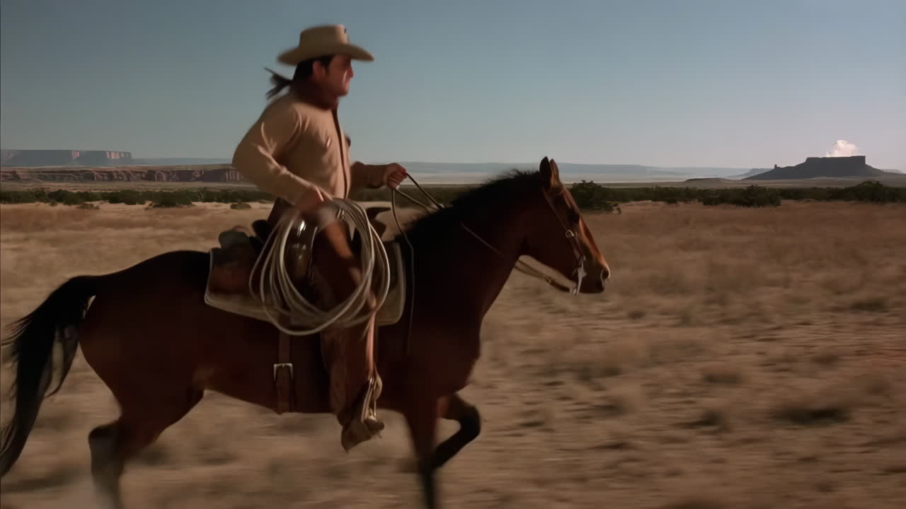 Cowboy riding a horse through the desert