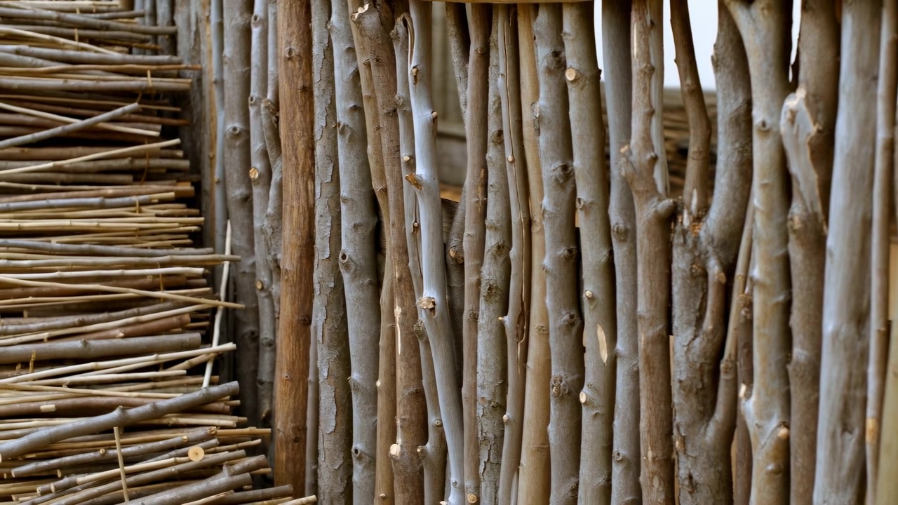 Closeup Rustic Wattle Fence Texture Showing Handmade Willow Poles And Bundled Sticks, Artisan Assembling