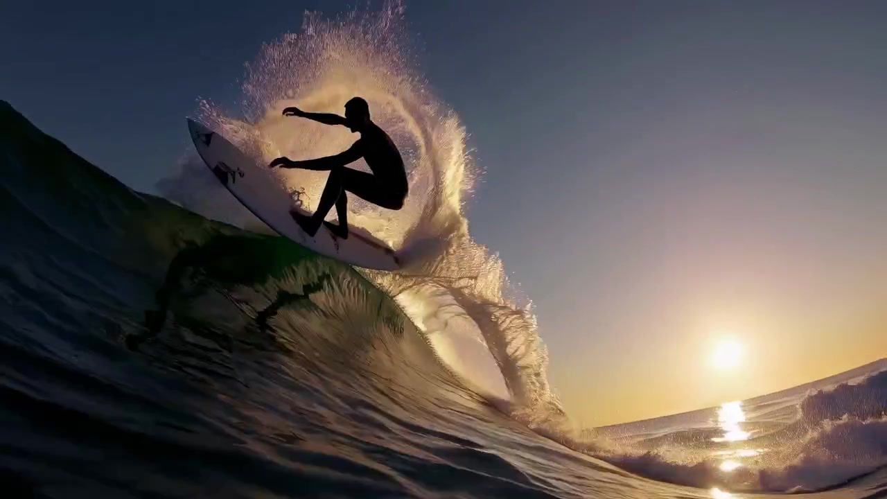 Silhouette di surfista che cavalca un'onda al rallentatore al tramonto