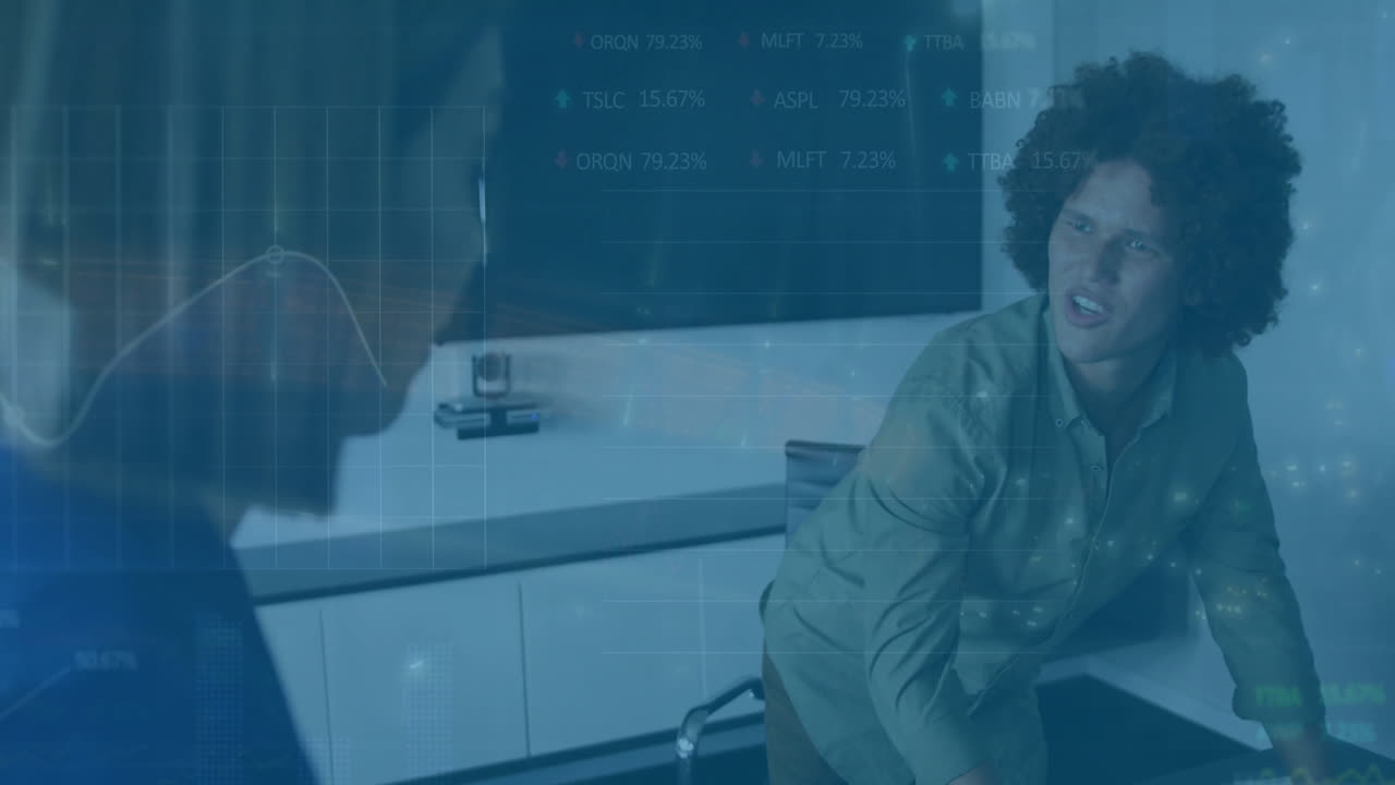 Animation of financial data processing over diverse colleagues discussing work in office