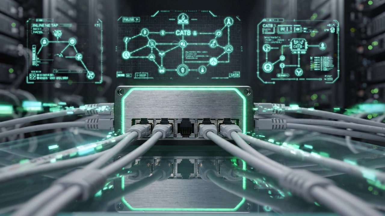 A modern network switch with illuminated design and multiple cables connected, set against a backdrop of digital data panels and server racks for a tech-focused environment.