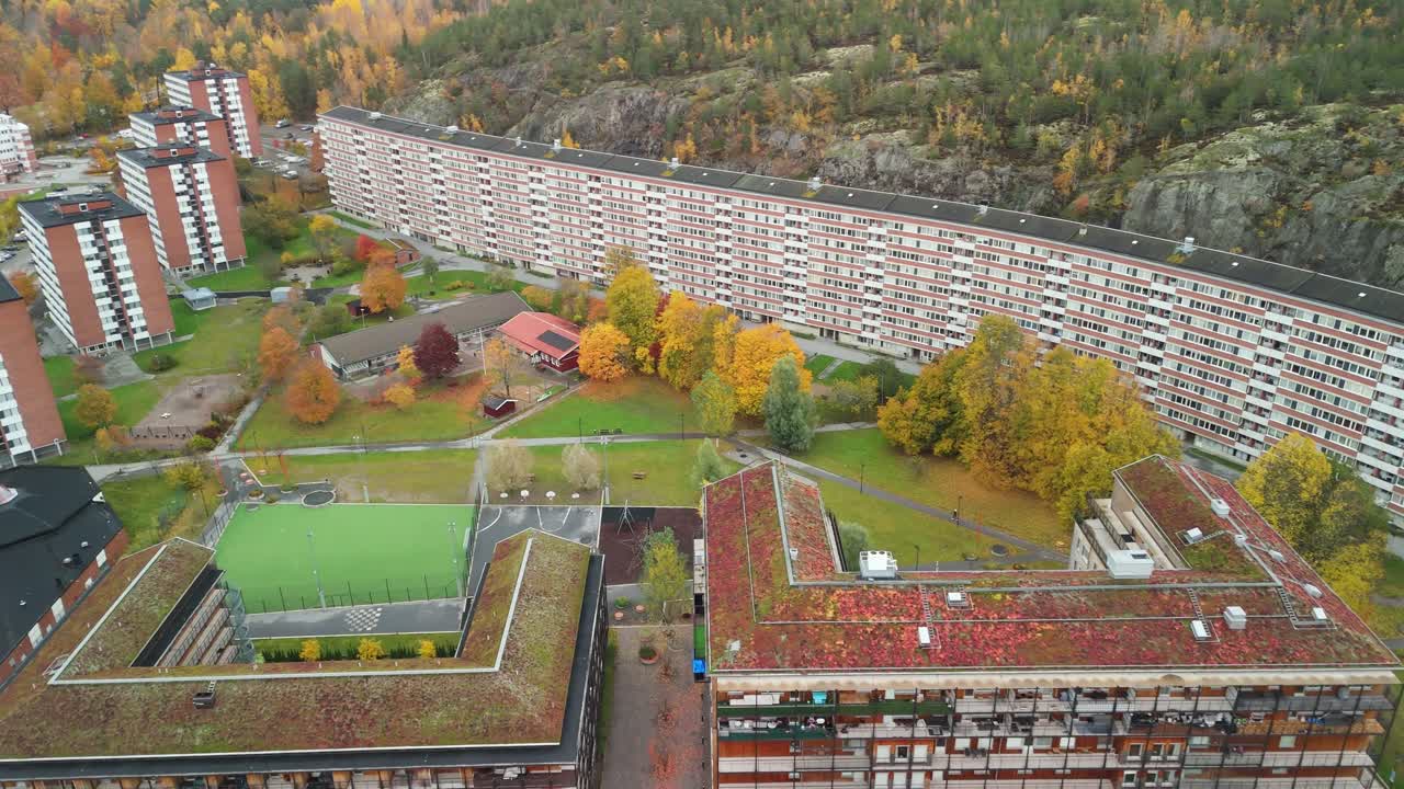 Drone shot of big apartment building in a Stockholm suburb