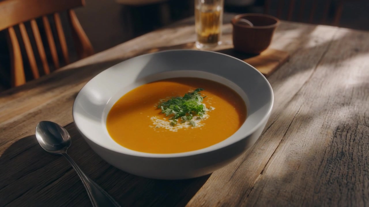 Skål cremet græskarsuppe på et rustikt træbord