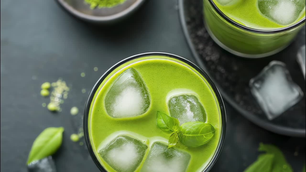 Iced green tea matcha latte, beautifully garnished with fresh basil leaves, served in a glass on a dark background, featuring ice cubes and matcha powder for a refreshing experience