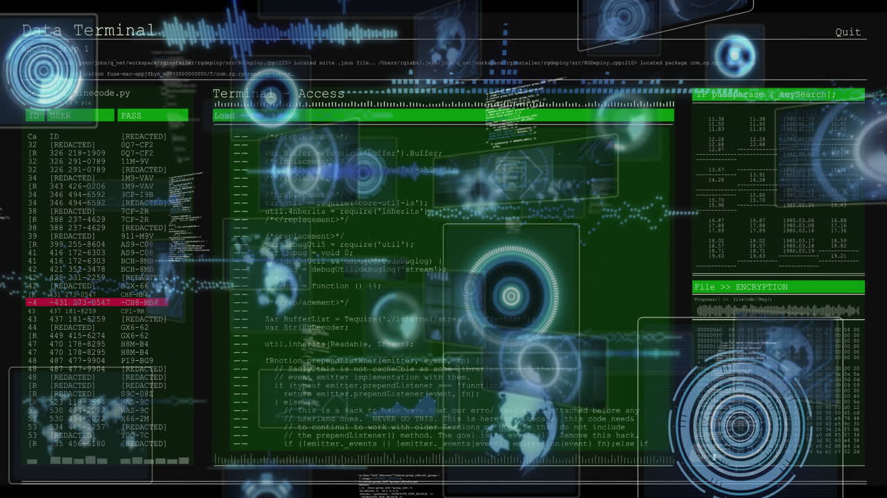 Digital data processing animation over green terminal screen with code and diagrams