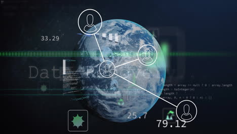 Animation-Eines-Netzwerks-Von-Personensymbolen-Und-Datenverarbeitung-über-Einem-Globus-Im-Nachthimmel