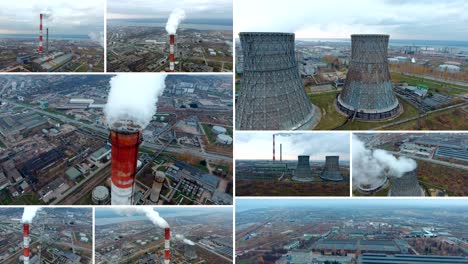 una toma aérea de una central eléctrica de carbón. montaje de pantalla dividida. 4k.