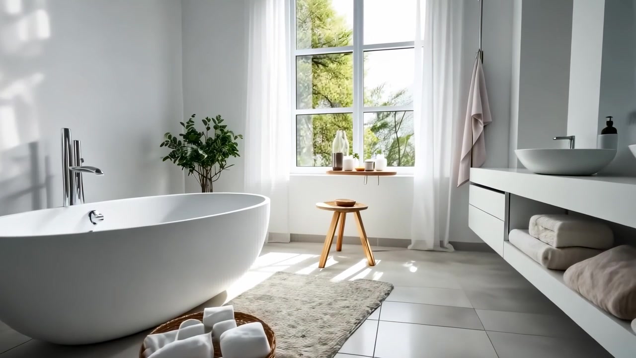 Modernt minimalistiskt badrumsinteriör med fristående badkar och naturligt ljus