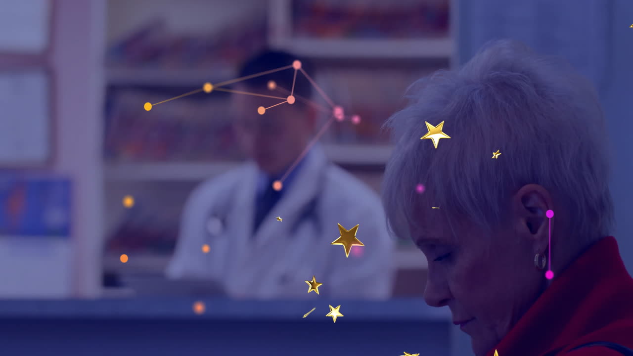 Female patient in red coat looking down, doctor with stethoscope in clinic, star graphics floating