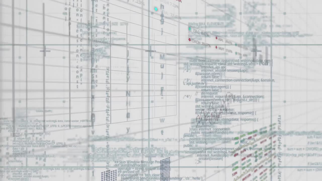 Animation of statistical and stock market data processing over grid network against grey background