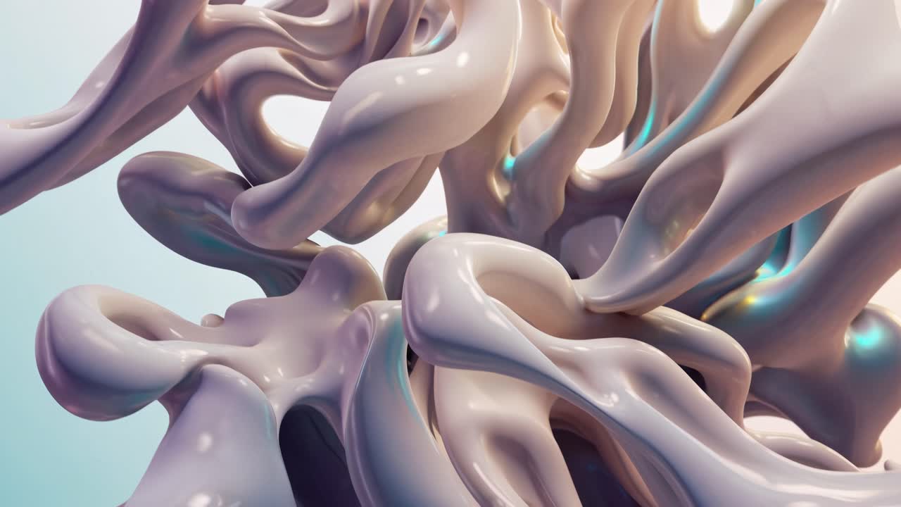 This captivating visual showcases a series of intricate organic shapes that twist and turn in a dynamic 3D environment. Each element appears smooth and fluid, reflecting light in unique ways that enhance the depth and complexity of the scene. The animation emphasizes the flowing nature of the shapes