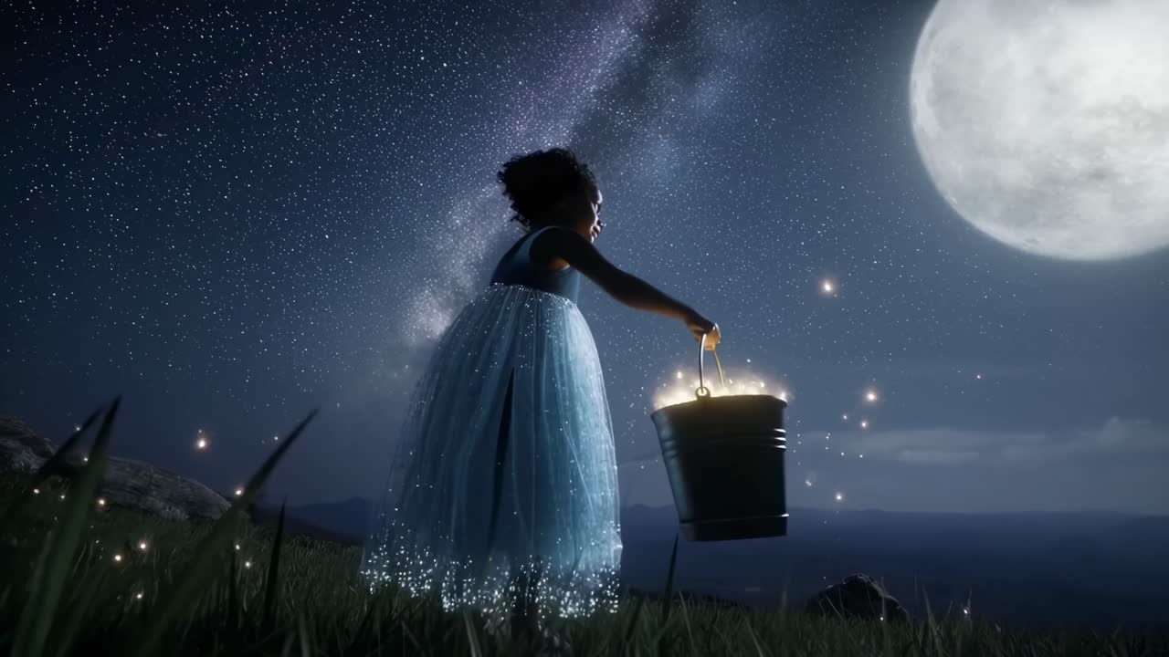 Video da angolazione bassa di un bambino che tiene in mano un secchio luminoso sotto un cielo stellato e la luna piena