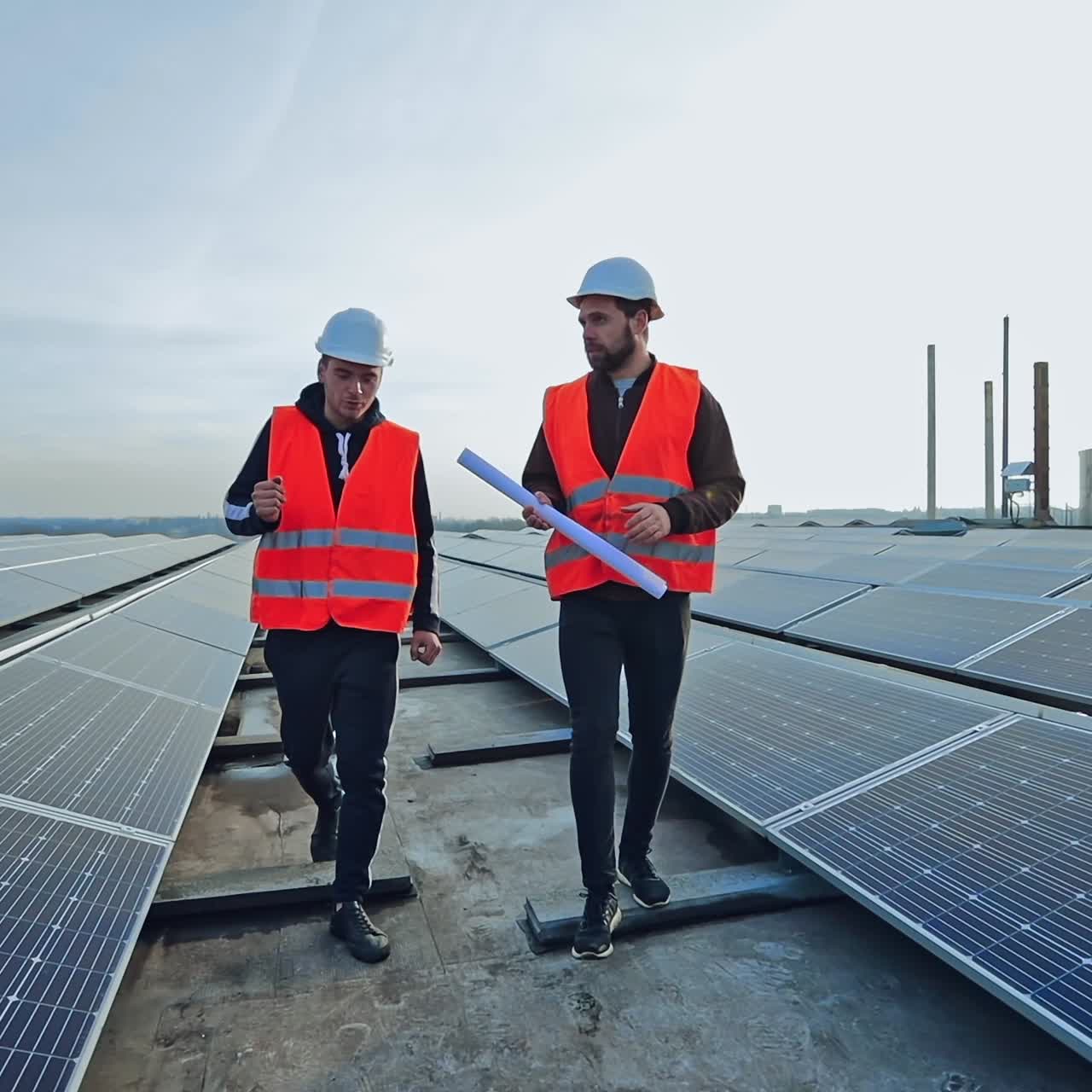 New solar farm under the blue sky. Workers in special outfit walk and talk about sunny cells installation. Modern solar panels produce clean electricity.