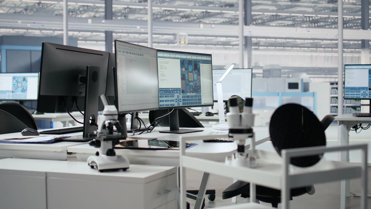 Empty High-Tech Laboratory with Computers, Microscopes, and Silicon Wafers