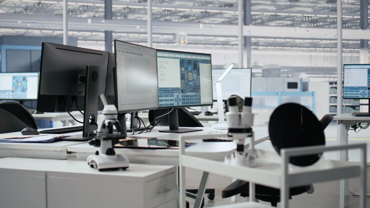 Leeg hightech laboratorium met computers, microscopen en siliciumwafers